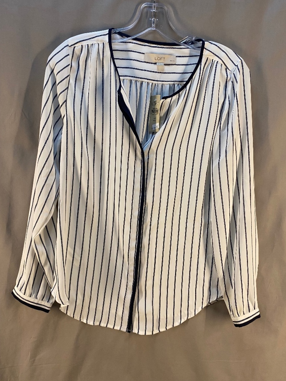 LOFT Petites Lightweight Blouse White with Blues stripe design Size MP (NWT)